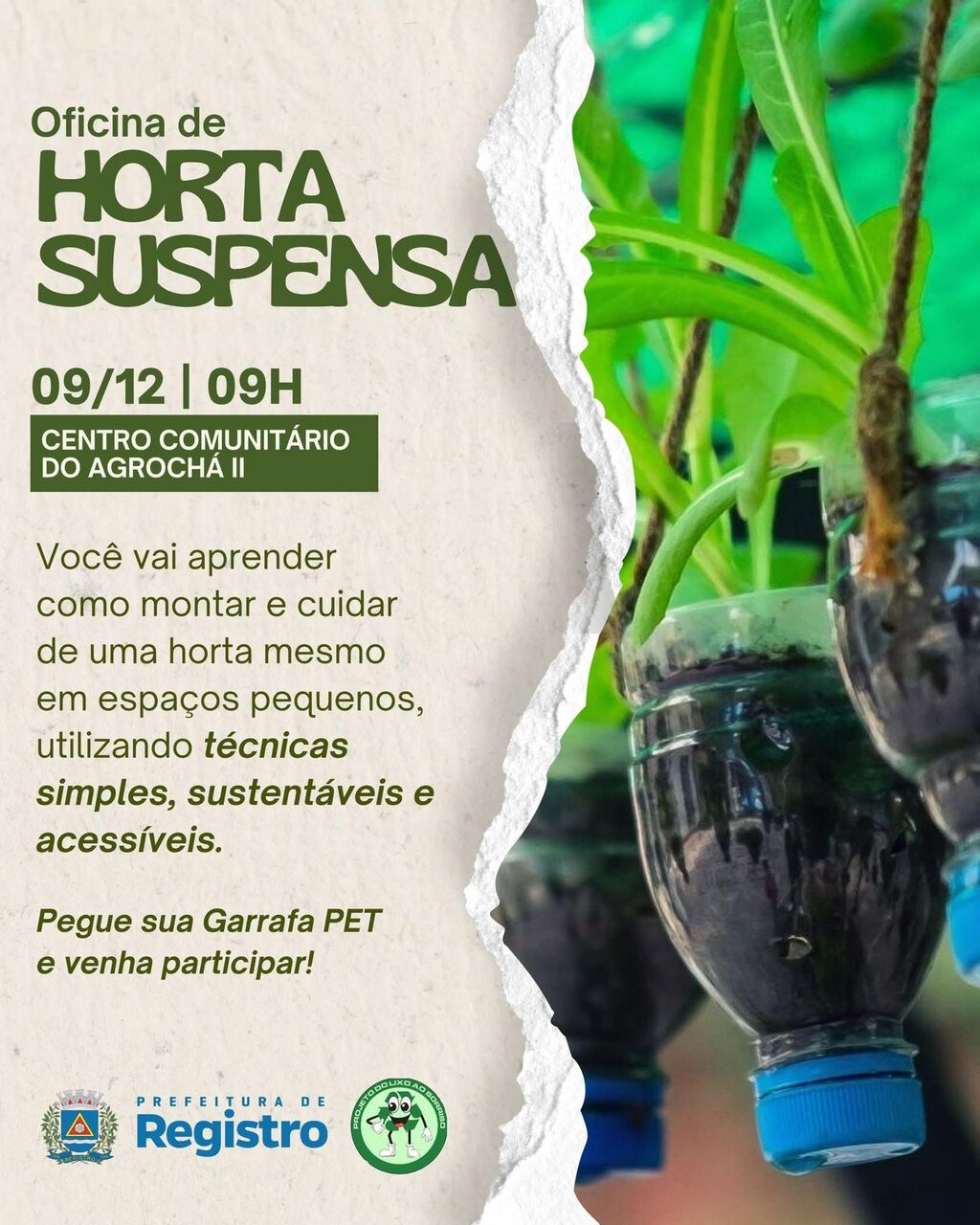 Oficina de Horta Suspensa será realizada no Agrochá em 9 de dezembro